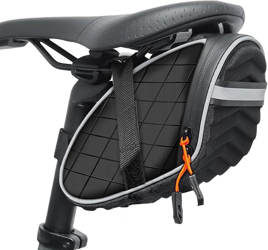 Bicycle Saddle Bag with Waterproof Zippers，Bike Seat Bag with Reflective Strip，Wedge Cycling Seat Pack for Mountain,Commuter & Road Bike 8.5x3.7x4.5inch，Adhesive buckle straps(Black)