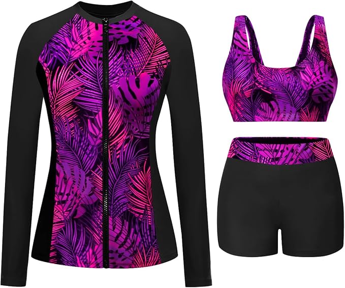 Holipick Long Sleeve Swimsuits for Women - 3 Piece Rash Guard with Shorts Zipper SPF Swim Shirt with Built in Bra