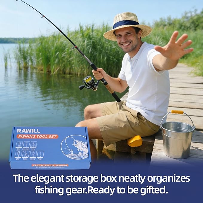 RAWILL Fishing Kit,Filleting Knife,Hook Remover,Fish Grip, Line Cutter,Fishing Scale, Pliers with Lanyards,Not Include Batteries