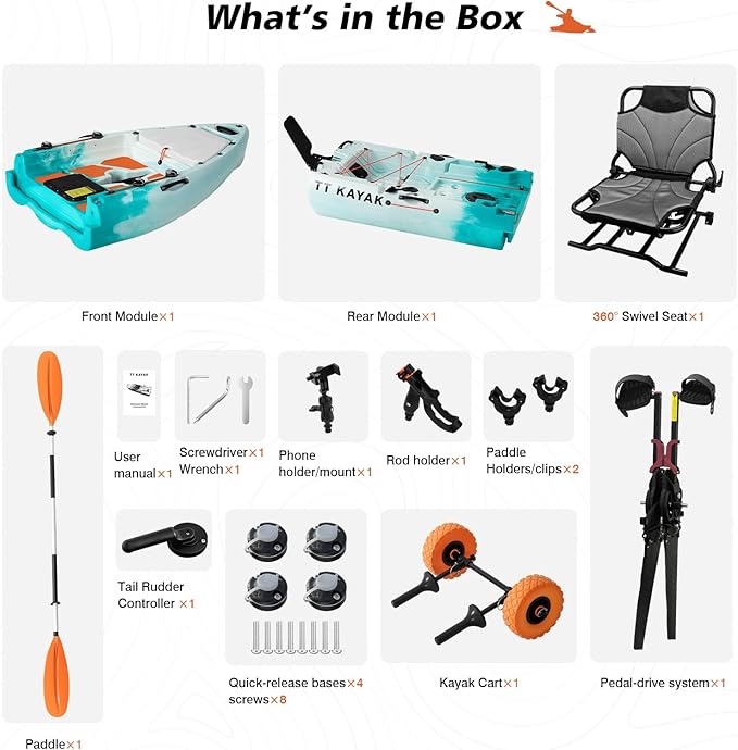 Modular Fishing Kayak with Cart & Paddle, 573 lbs Capacity, 110" Sit-on-Top Kayak, 360° Swivel Seat, 2-Piece Portable Design Fits SUV/Pickup/Van, for Ocean, Lake & River