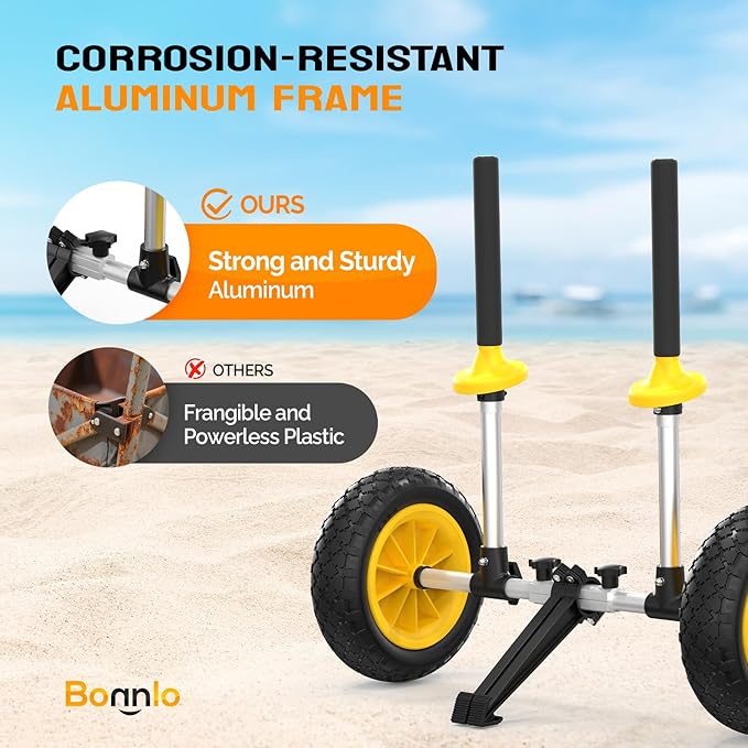 Bonnlo Kayak Trailer, Strap Free Kayak Cart with 10in Kayak Wheels, 7.1"-17.1" Adjustable Width, Detachable Kayak Dolly with Kickstand