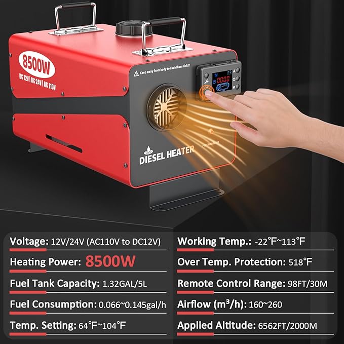 8500W Diesel Heater, All-in-One 12V/24V/110V Portable Parking Heater with Remote Control & LCD Monitor for Truck, RV, Camper, Boat, Garage, Fast Heating, Low Noise