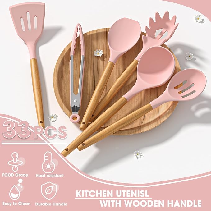 Umite Chef シリコンキッチン用品セット 33点セット ノンスティック 調理器具スタンド付き 木製ハンドル ピンク