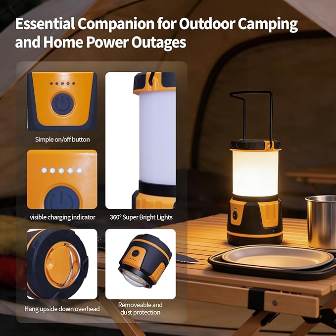 Rechargeable LED Lantern - 3000 Lumens, 5 Light Modes, IP54 Waterproof, 7500mAh Battery, Portable Flashlight for Camping, Hiking, Power Outages & Emergencie (Orange)