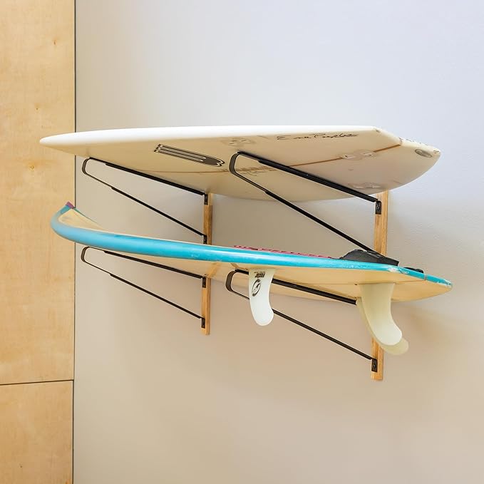 StoreYourBoard Avon Wakeboard Storage Rack, 2 Level Wall Mount Water Ski and Wake Surf Board Organizer, Natural Wood and Solid Steel, Holds 100 lbs