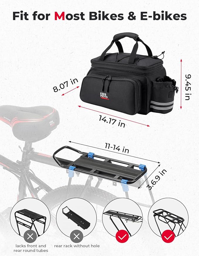 KEMIMOTO Bike Rear Rack Bag Bicycle Trunk Bag Expandable 10-20L Capacity Water Resistant Multifunctional Bicycle Pannier with Rain Cover Bike Saddle Bag for Rear Rack Shopping Commuter Cycling Trip