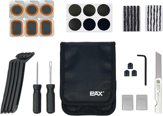 PAX 36Pcs Bike Tire Flat Repair Tool Kit Bag, Including Tube Patches, Tire Strip Plugs, Glueless Repair Kit, Nylon Tire Lever, Handle Tool, Valve Cap, and Metal Buffer, for Road, Mountain Bicycle