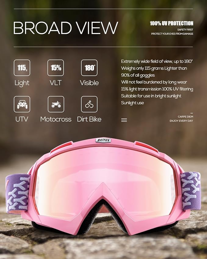 Motorcycle Glasses Goggles Dirt Bike Motocross Safety ATV Tactical Riding (Pink-Pure Pink)