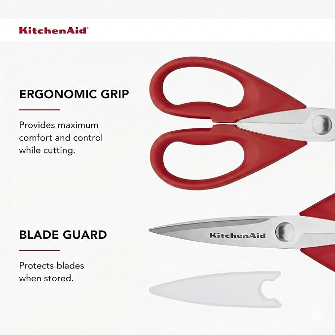 KitchenAid オールパーパスキッチンバサミ 保護シース付き 高耐久ステンレススチール製ハサミ 食洗機対応 ソフトグリップ快適ハンドル 8.72インチ レッド