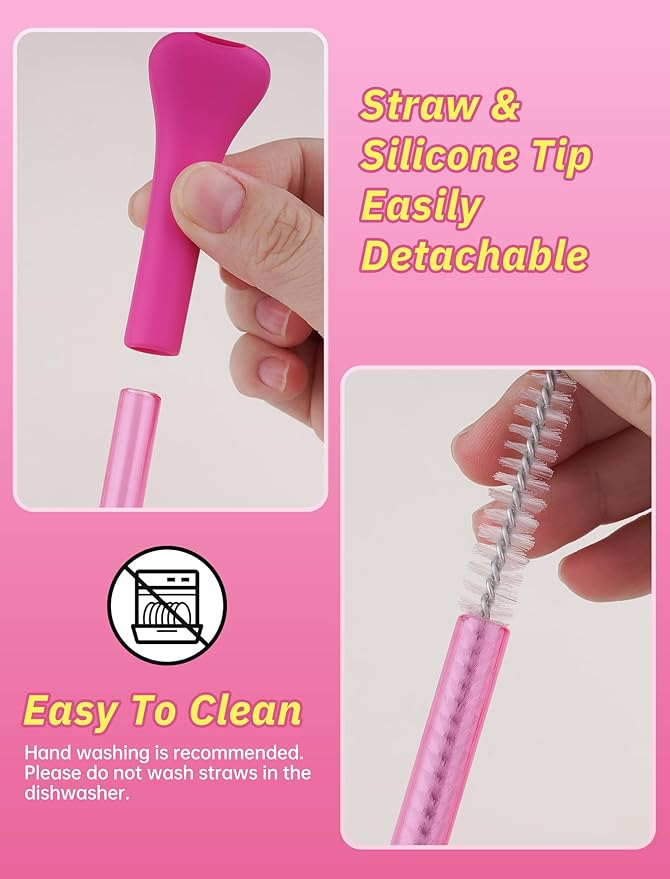 NiHome 6本 シワ防止ストロー シリコン製ワイド平型チップ付き ドリンク用プラスチックストロー Stanley 30oz 40oz タンブラー用 再利用可能 しわにならないプラスチック製ロングストロー ブラシ2本 BPAフリー (ピンクシリーズ)
