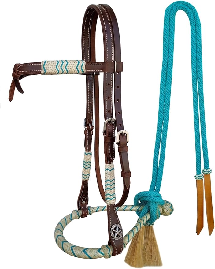 CHALLENGER Horse Western Knotted Bosal Rawhide Hanger Headstall w/Turquoise Braided Reins 78J04TR