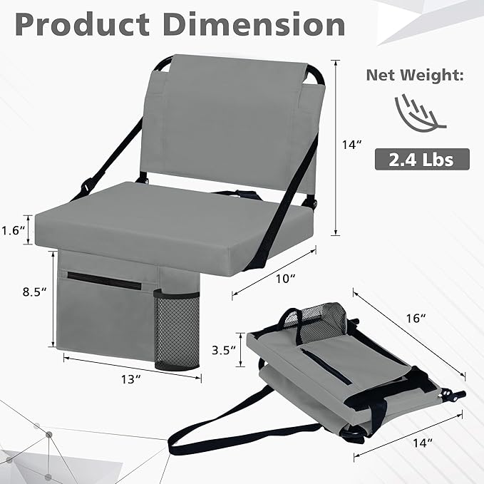 Stadium Seats for Bleachers with Back Support Bleacher Seat Soft Cushion Light Weight Includes Shoulder Strap & Cup Holder, Front & Back Zipper Pocket, Suitable for Sports Events,Grey
