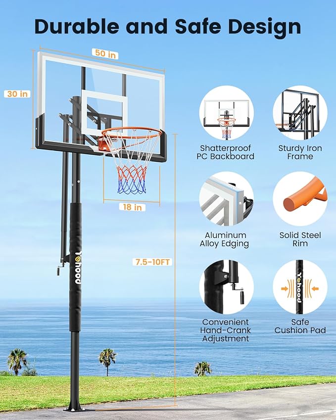 In Ground Basketball Hoop Outdoor 10FT Adjustable Height with Crank, in-Gound Basketball Goal System with 50 Inch Shatterproof PC Backborad and Solid Steel Rim