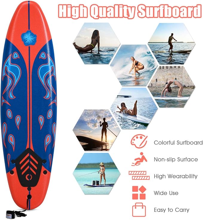 GYMAX Surfboard, 6FT Stand Up Paddle Board with Removable Fins & Safety Leash, Lightweight Non-Slip Paddle Board for Teenagers, Adult, Beginners