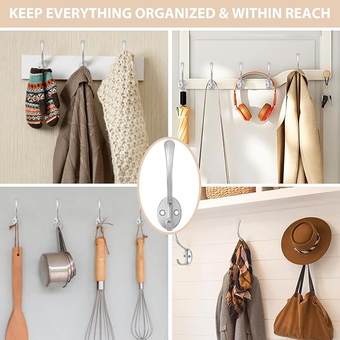 10 Pack Coat Hooks Wall Mounted with 20 Screws, Heavy Duty Silver Towel Hooks Metal Double Hooks, No Rust Retro Rustic Wall Hooks for Hanging Towel, Coat, Scarf, Bag, Hat, Cup, Key