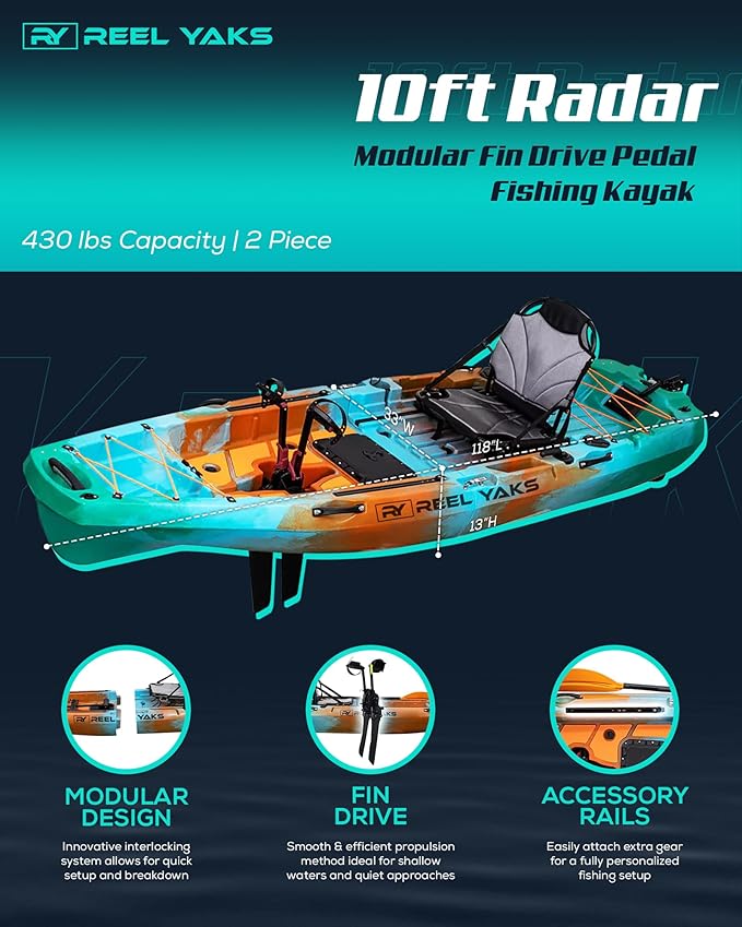 Reel Yaks Radar Modular Fishing Kayak - 10ft, 400 lbs Capacity, Sunrise - Pedal Fishing Kayaks for Adults & Youth, Sit on Top, Compact Storage, Lightweight, Easy Transport