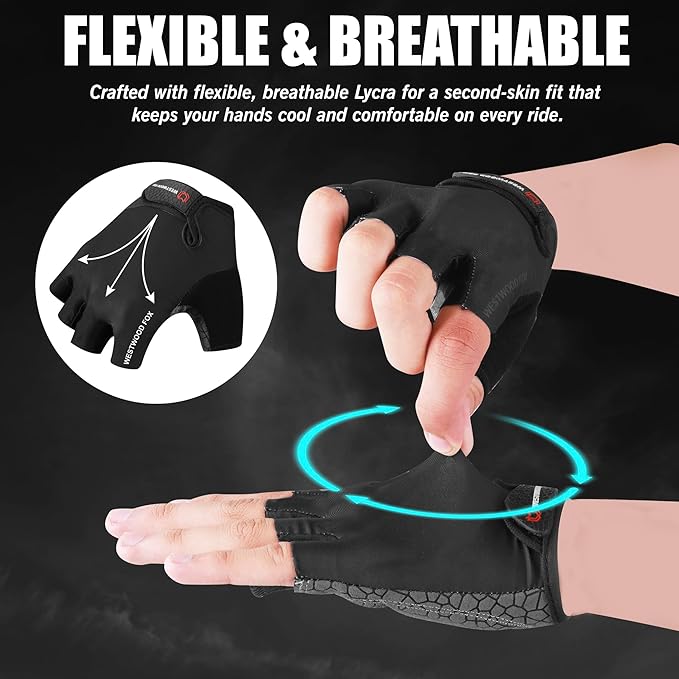 WESTWOOD FOX Cycling Gloves Half Finger Unisex Padded Grips Palm Bicycle Summer MTB Bike Gloves for Men Women Non-Slip Fingerless Short Mountain Bike Sports Hiking Climbing Gym