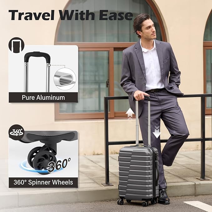 Coolife Carry On Luggage Airline Approved with Spinner Wheels, Hard Shell Suitcase TSA Lock Lightweight Travel Luggage 20-inch,Gray