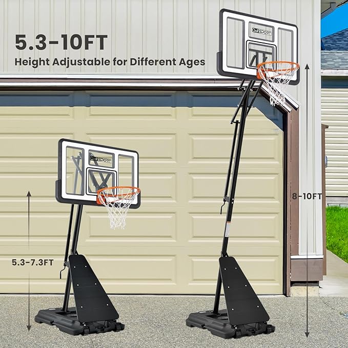 バスケットゴール 屋外 44&48インチ インパクトバックボード、高さ5.3-10フィート調節可能、持ち運び用車輪付き、大人向けバスケットボールゴールシステム