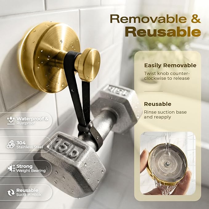 Upgraded Suction Cup Hooks for Shower, Heavy Duty Removable Towel Hooks for Bathroom Glass Door Wall, Stainless Steel Shower Hooks for Towel & Loofah (2 Pack, Gold)