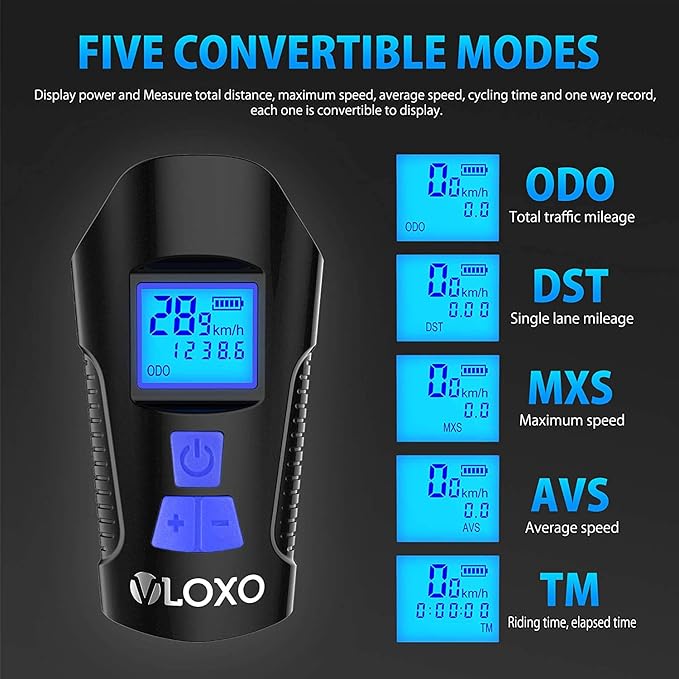 VLOXO Bike Speedometer with LED Bike Light, IP65 Waterproof Bicycle Odometer with Horn LED Front & Tail Light USB Rechargeable Bicycle Computer