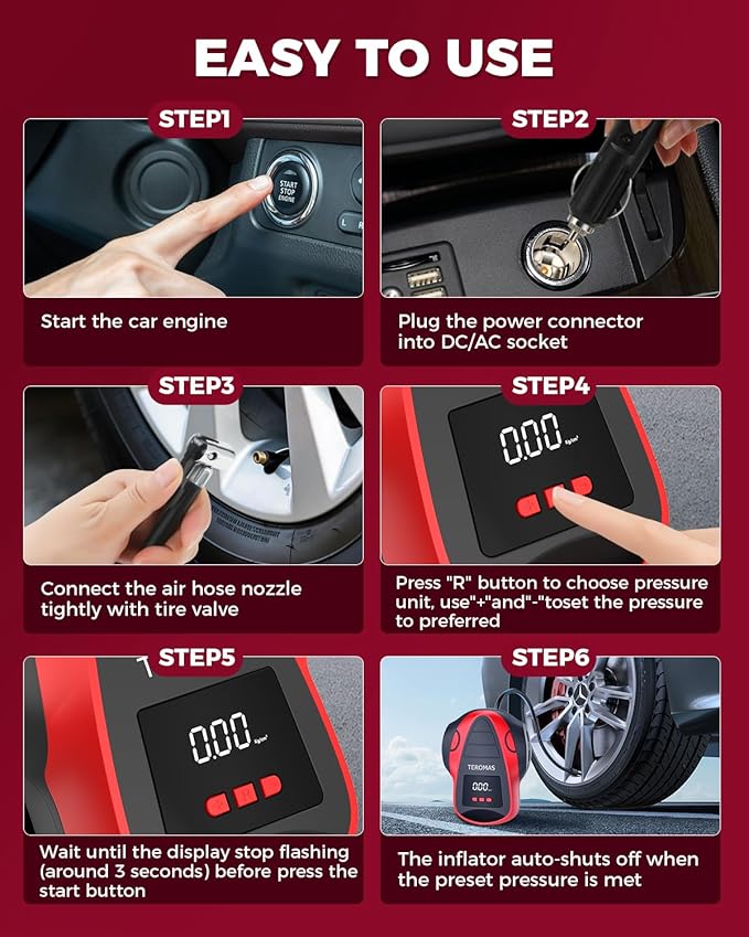 Tire Inflator Portable Air Compressor, Air Pump DC/AC for Car Tires 12V DC and Other Inflatables at Home 110V AC, Digital Electric Tire Pump with Pressure Gauge(Red)