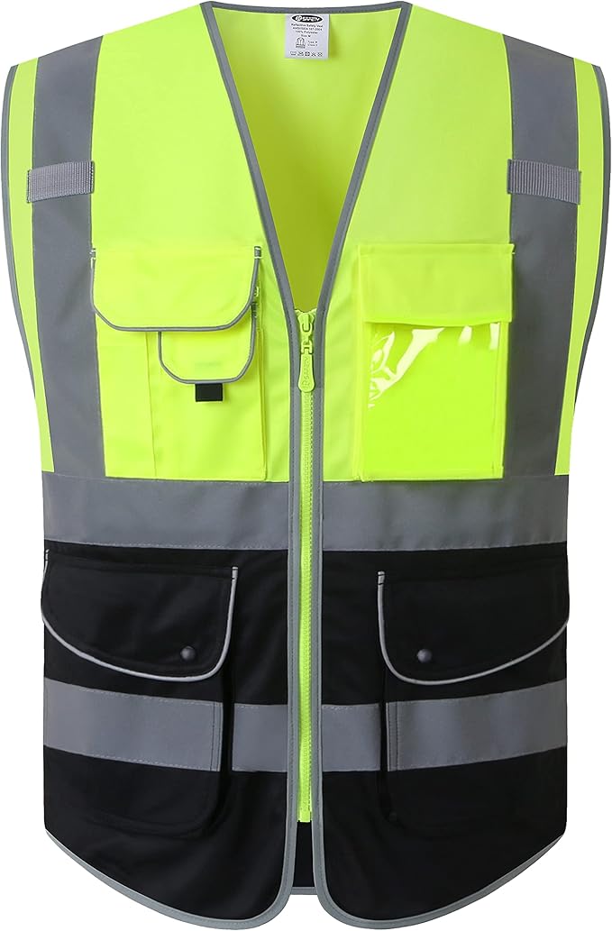 JKSafety 9 Pockets High Visible Reflective Safety Vest Zipper Front Breathable Lining, Yellow-Black Meets ANSI/ISEA Standards(150-Yellow-Black L