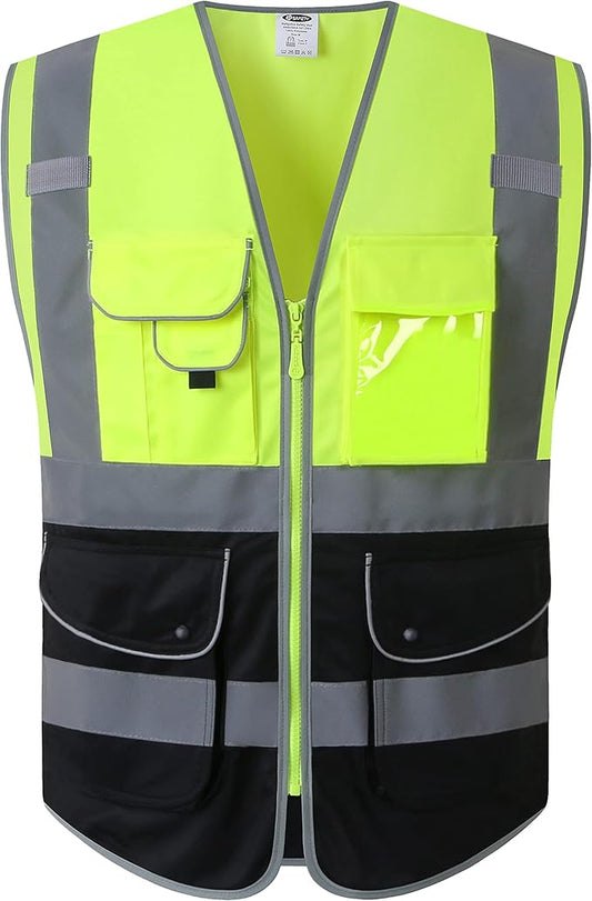 JKSafety 9 Pockets High Visible Reflective Safety Vest Zipper Front Breathable Lining, Yellow-Black Meets ANSI/ISEA Standards(150-Yellow-Black L