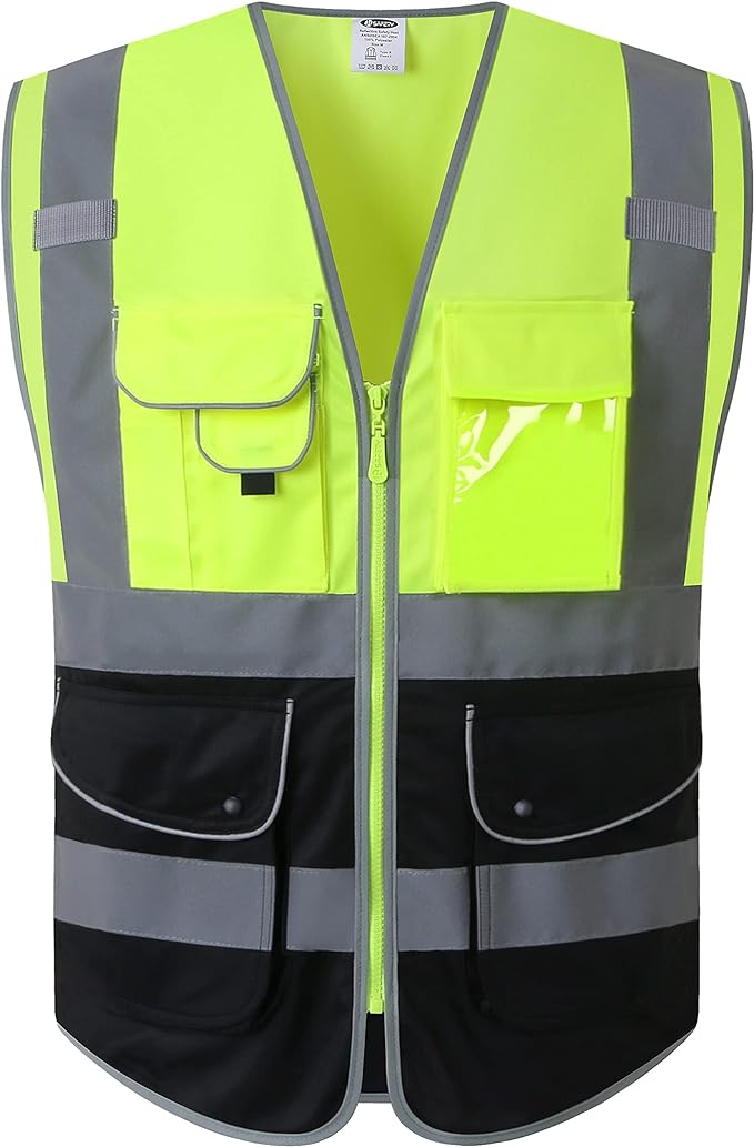 JKSafety 9 Pockets High Visible Reflective Safety Vest Zipper Front Breathable Lining, Yellow-Black Meets ANSI/ISEA Standards(150-Yellow-Black, XXL