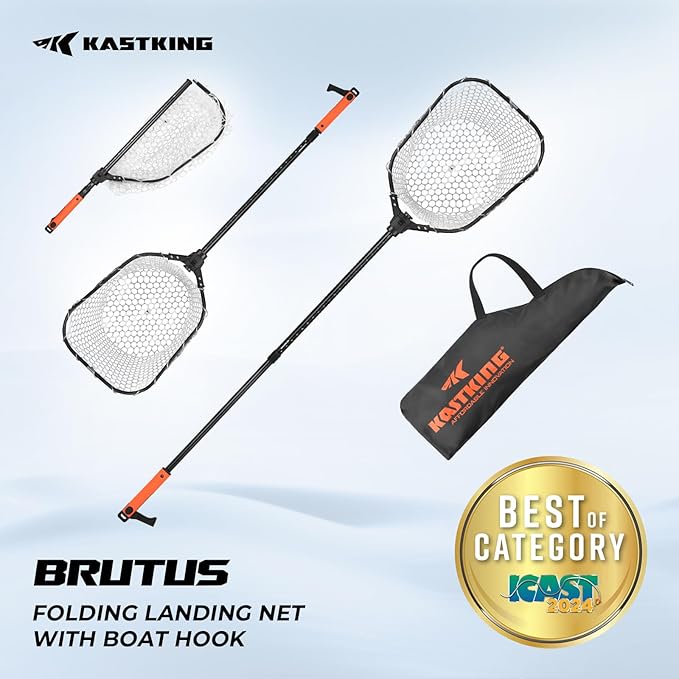 KastKing Brutus 折りたたみ式ランディングネット（ボートフック付き）、折りたたみ可能、伸縮可能、軽量＆丈夫、多機能内蔵ボートフック、滑り止め＆鮮やかなオレンジ色のTPRハンドル、2種類のネットオプション