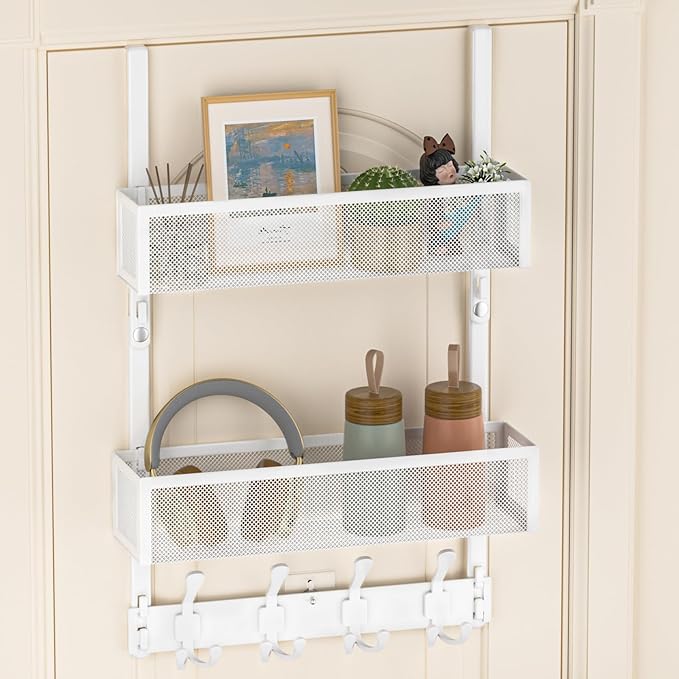 Over The Door Hooks Organizer, Door Hanger Towel Rack with 2 Baskets, Adjustable Over The Door Coat Rack, Back of Door Storage for Bedroom, Kitchen, Bathroom (White)
