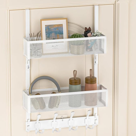 Over The Door Hooks Organizer, Door Hanger Towel Rack with 2 Baskets, Adjustable Over The Door Coat Rack, Back of Door Storage for Bedroom, Kitchen, Bathroom (White)