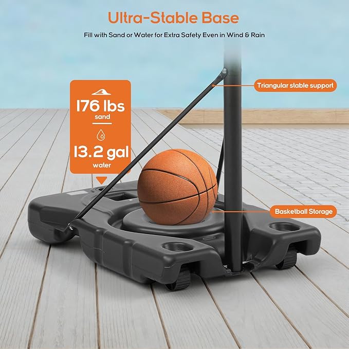 Portable Basketball Hoop Outdoor, Adjustable Basketball Hoops Goal System Shatterproof Backboard, Shock Absorbent Rim, Fillable Base for Swimming Pool/Backyard/Driveway
