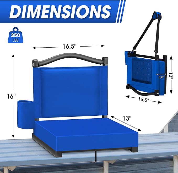 Fragess Bleacher seat, Stadium Seats with Back Support and Thick Cushion, Bleacher Chairs with Shoulder Strap and Side Pocket, Stadium Seat for Bleachers, Perfect for Sports Events(Blue)