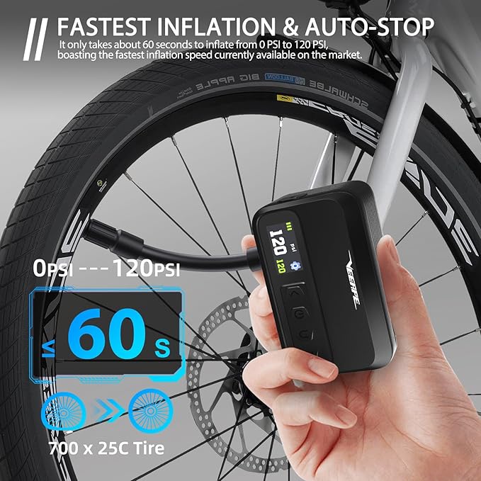 Tiny Pump Mini Bike Tire Pump - Max 120PSI Portable Electric Bicycle Pump with Fast Inflation Auto Stop - Bicycle Inflator with Presta and Schrader Valve for & Various Bicycles Balls E-Bikes