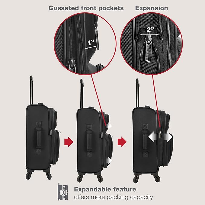 U.S. Traveler リオ 軽量ソフトサイド ローリングキャリーオンスーツケース、4輪セット、ブラック