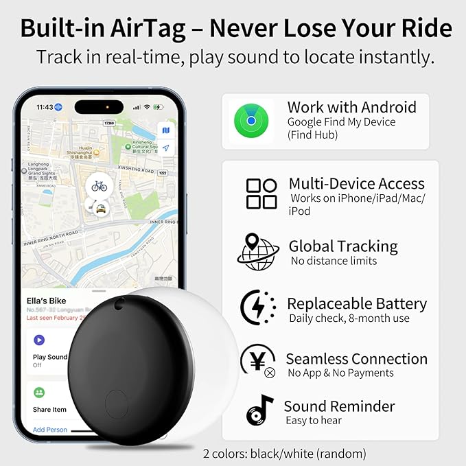 NUNET Brake Light Bike Locator GPS AirTag Anti-Theft 3-in-1 Smart Tail Light with Tracker, 105dB Alarm, Hidden AirTag Slot, Auto Brake Alert, IP65 Waterproof, Long Battery Life