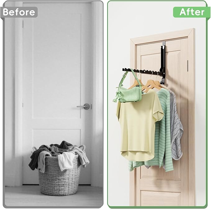 Over The Door Hooks, Extended Over The Door Clothes Hanger with 11 Ridges,Space-Saving Over The Door Rack,Door Hooks for Hanging Clothes,Larger Capacity Over The Door Hanger (1, Black(Update))