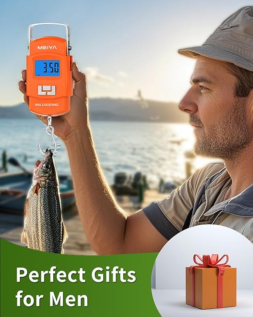 MEIYA Fish Scale 110lb/50kg Digital Fishing Scale with Backlit LCD, Portable Handle, Stainless Steel Hook & 2 AAA Batteries – Great Fishing Gifts for Men, Orange