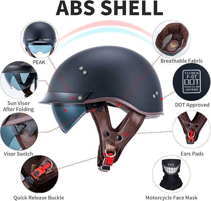 VCOROS Half Helmet Motorcycle DOT Approved Open Face Helmet with Sun Visor and Quick Release Buckle for Adults Men and Women(F07A Matte Black,XL)