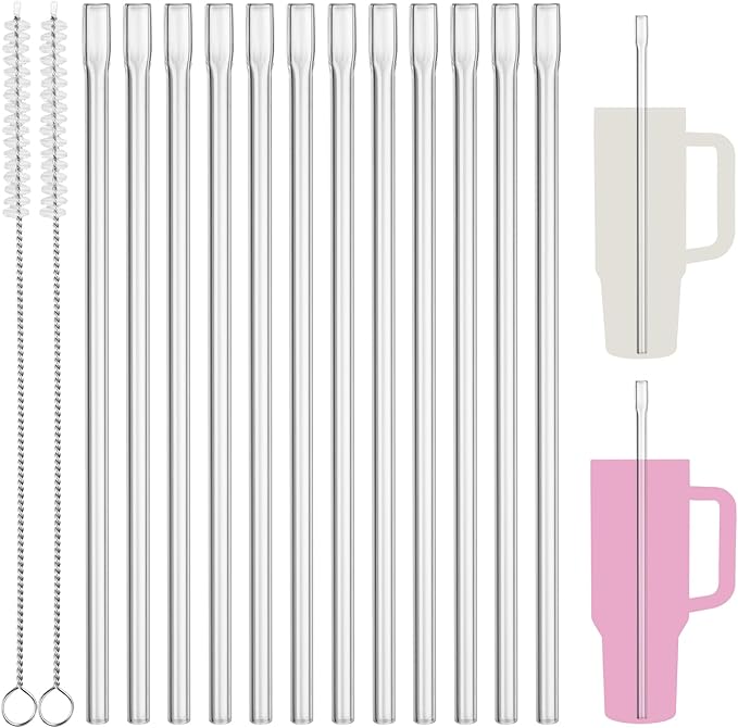 NiHome 12PCS Clear Anti-Wrinkle Plastic Reusable Drinking Straws Fit for Stanley 30oz 40 oz Tumbler, 12" Flat-Tip No Wrinkle Straws, Wrinkle Free Straw for Cold Beverages with 2 Brushes (12 Straight)