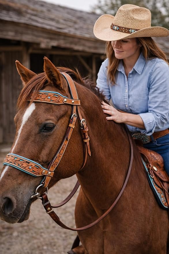 CHALLENGER Horse Western Tan Leather Floral Tooled Bitless Sidepull Bridle Reins 77RS34TN