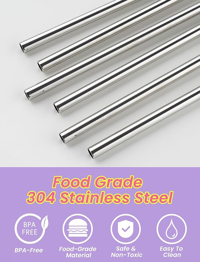 NiHome 6PCS Anti Wrinkle Straws with Silicone Widen Flat Tip Drinking Metal Straw, Fit for Stanley 20/30/40 oz Tumbler, Reusable Wrinkle Free Stainless Steel Long Straw, Brushes & Carry Bag (Macaron)
