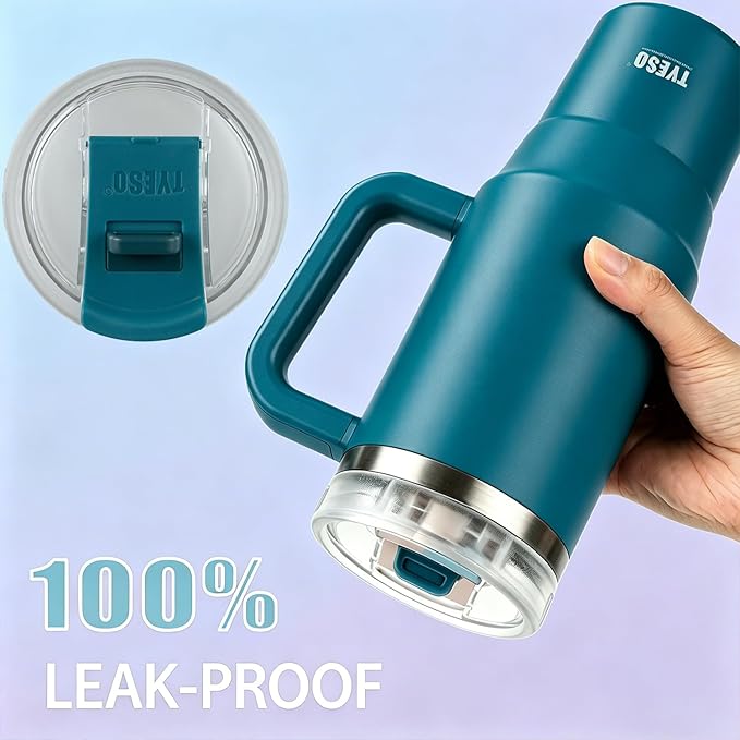 TYESO Vacuum Insulated Tumbler Water Bottle Cold Insulation Stainless Steel Bottle Straw Handle Mug Double Wall Wide Mouth (DARK BLUE, 40 oz)