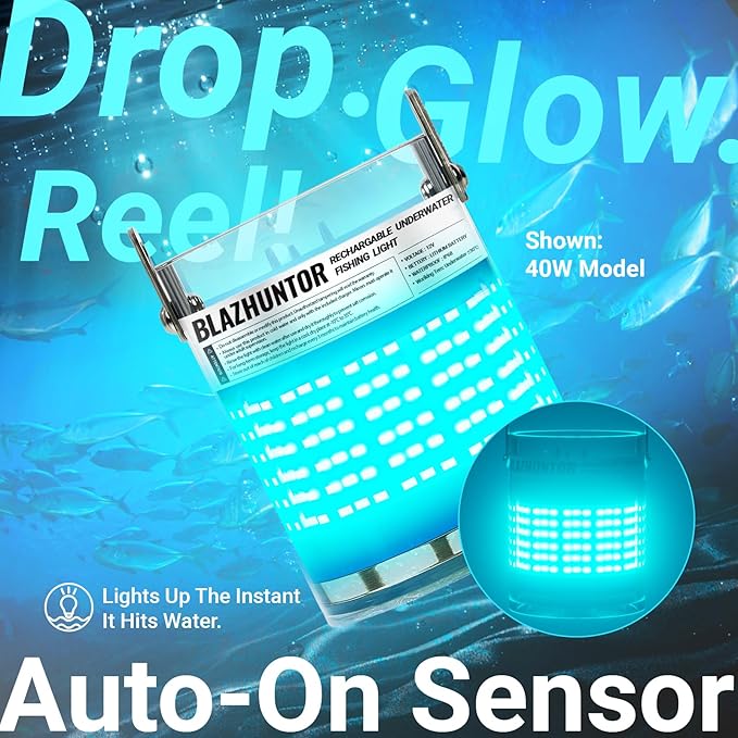 充電式水中集魚灯、水中で自動点灯、複数色対応、最大16000ルーメン、IP68防水、外部電源不要、コードレス、夜釣り・ボート釣り・桟橋釣り・氷上釣り対応