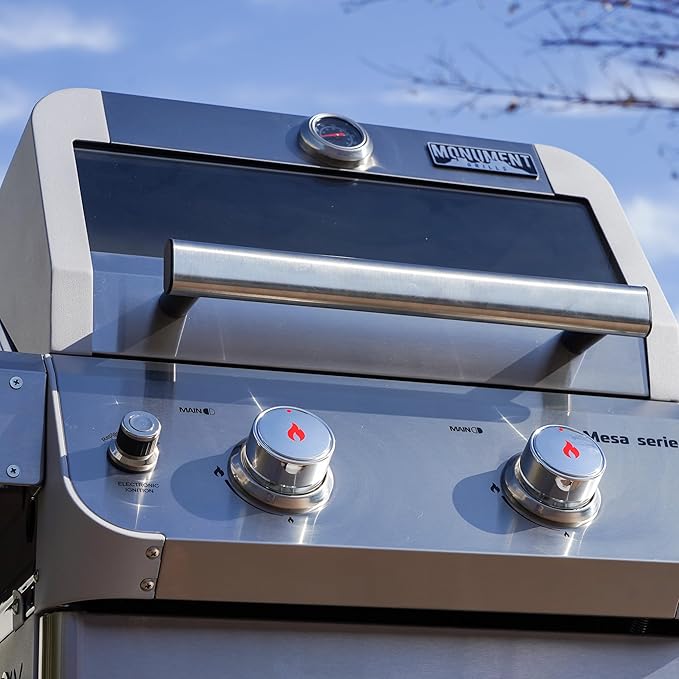 Monument Grills 2バーナー ステンレススチール製液化プロパンガスグリル、折りたたみ式サイドシェルフ2つ、Clearview®蓋、ノブコントロール、Mesa200S BBQカバー付き