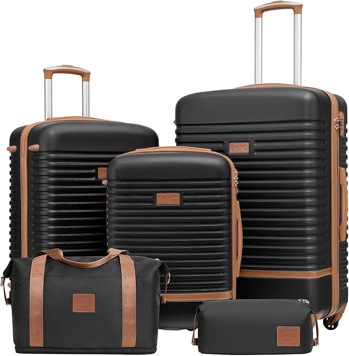 Coolife スーツケース 3点セット 機内持ち込み TSAロック スピナーホイール ハードシェル 軽量 旅行用スーツケースセット (ブラック、5点セット)