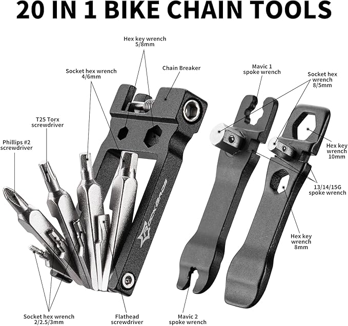 ROCKBROS 20 In 1 Bike Multi-Function Tool Kit - Portable Foldable Bike Multitool Cycling Tool Kit With Allen Wrench, Tire Levers