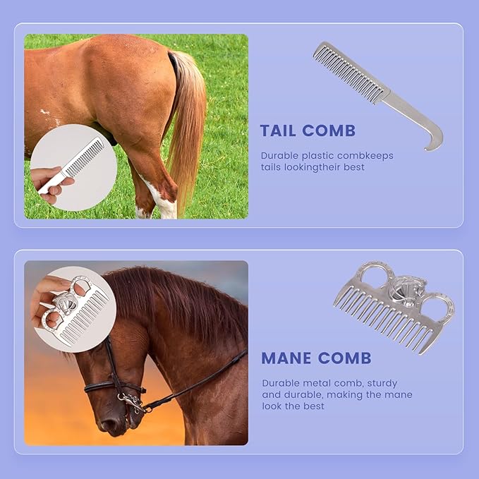 Horse Grooming Kit, Horse Brushes for Grooming 10pcs Horse Cleaning Tool Set with Tote Bag, Sweat Scraper, Curry Comb, Brush, Hoof Pick, Livestock Bathing Supplies Equine Care Supplies