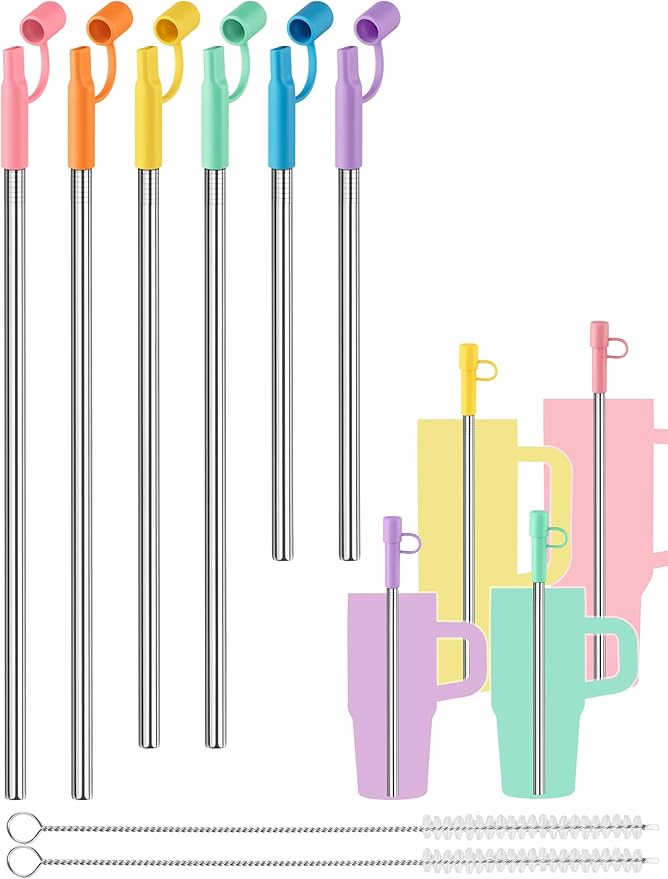 NiHome 6PCS Reusable Anti-Wrinkle Straw Set Fit for Stanley Tumblers, 3 Lengths Stainless Steel Drinking Straws with Silicone Tips Fit for 14oz 20oz 30oz 40oz, Protective Caps & Brushes (6 Colors)